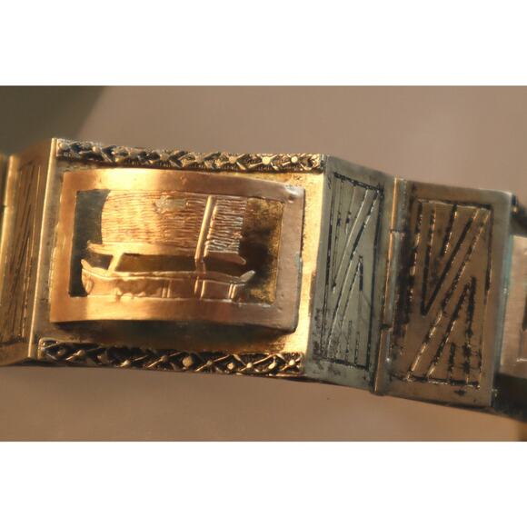 Vintage Silver Shadowbox Bracelet Peru Llama Cactus Boat - Picture 6 of 9